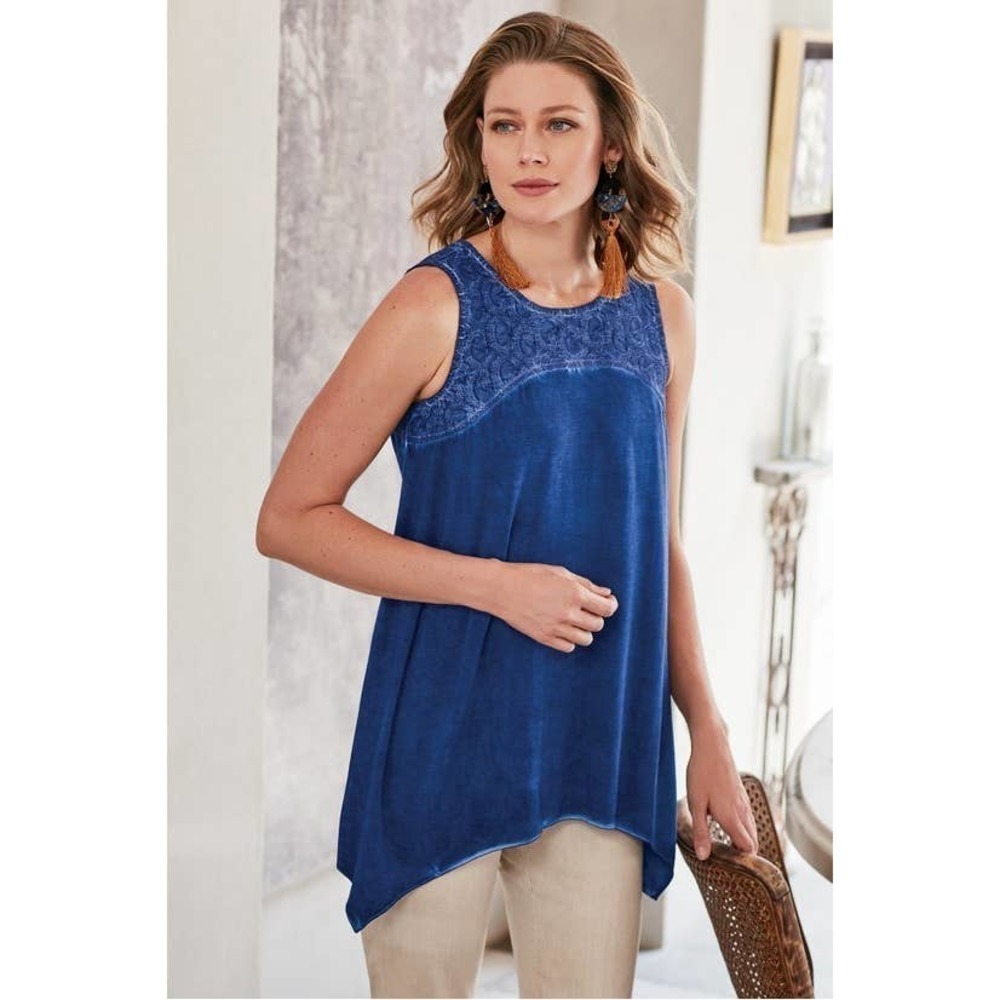 Soft Surroundings Kyela Tank Size S Purl Stitch Hem Sleeveless Embroidered Blue